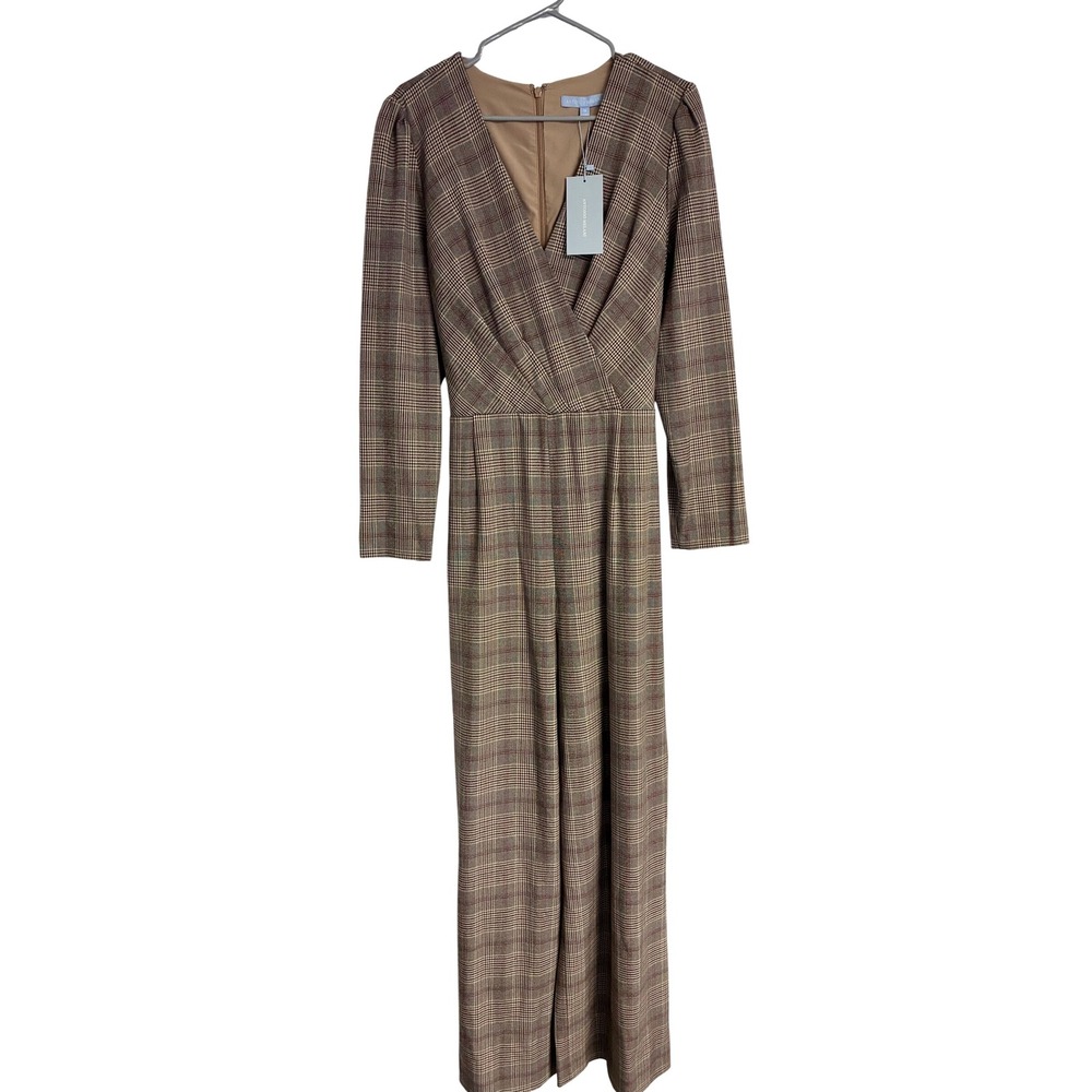 Antonio Melani Miranda Plaid Wide Leg Jumpsuit Brown Tan 14 NEW 90535JU0822